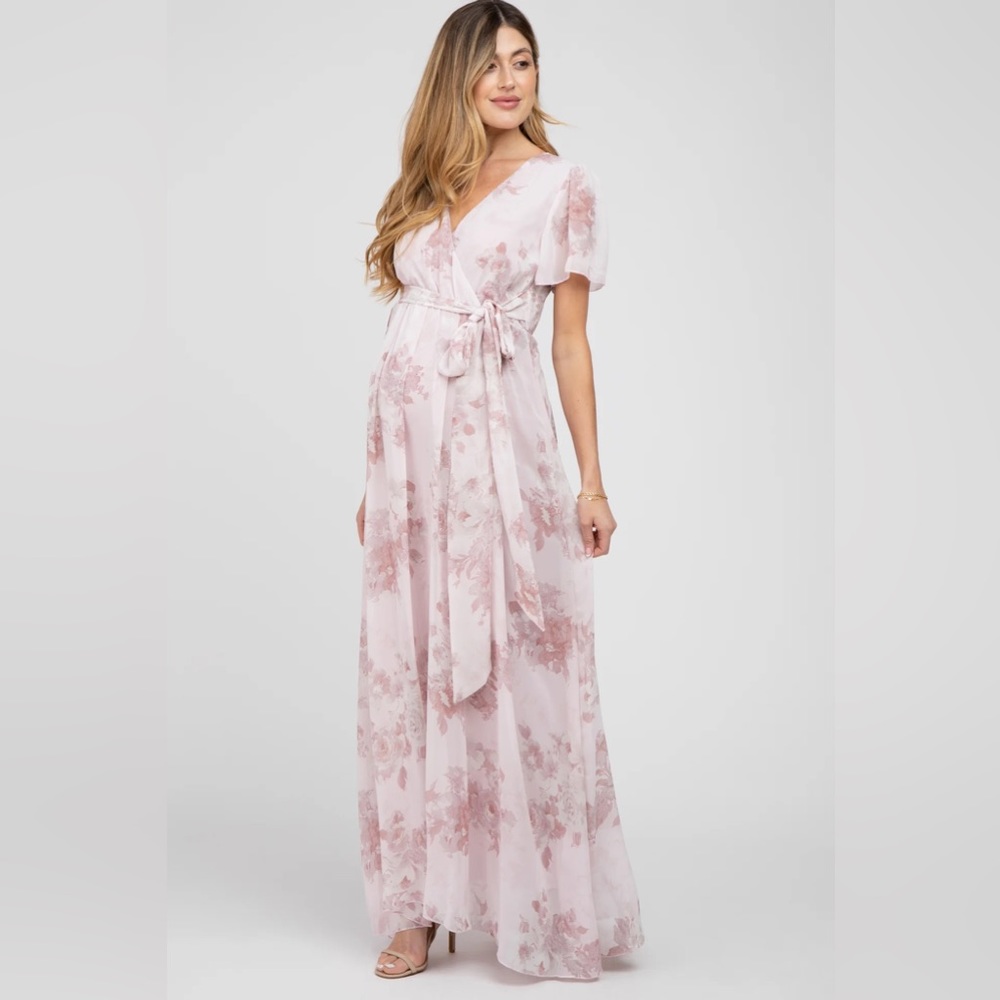 NWOT Light Pink Floral Chiffon Wrap Front Short Sleeve Maxi Dress MATERNITY